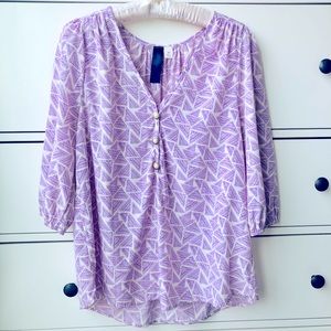 Purple/white design top with pearl buttons